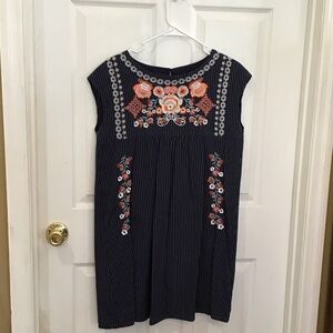 Navy Embroidered Floral Shift Dress